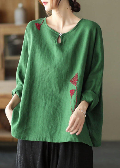 Green Loose Embroidered Fall Linen Shirt Tops Long Sleeve