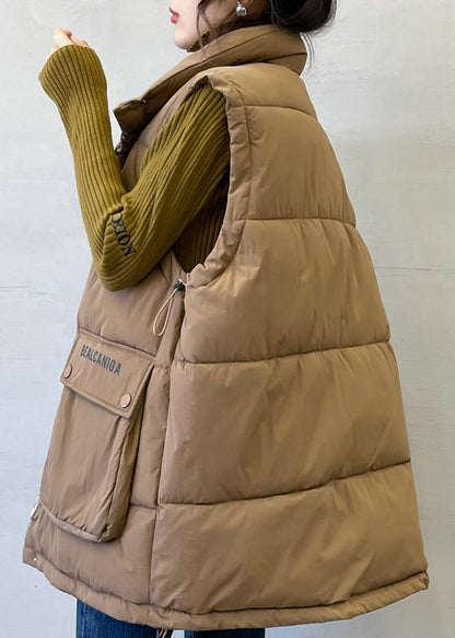 Loose Coffee Zip Up Letter Pockets Cotton Filled Waistcoat Sleeveless