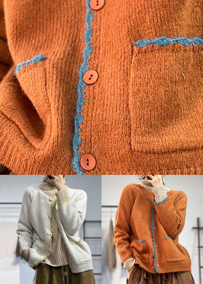 Orange Button Pockets Woolen Coats Fall