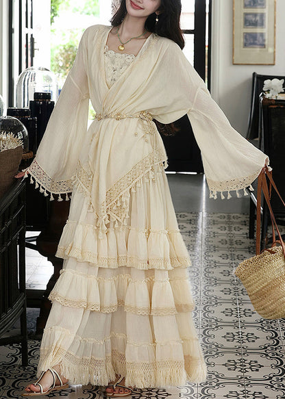 Art Beige V Neck Lace Patchwork Tassel Cardigans Maxi Skirts and Two Piece Set Spring