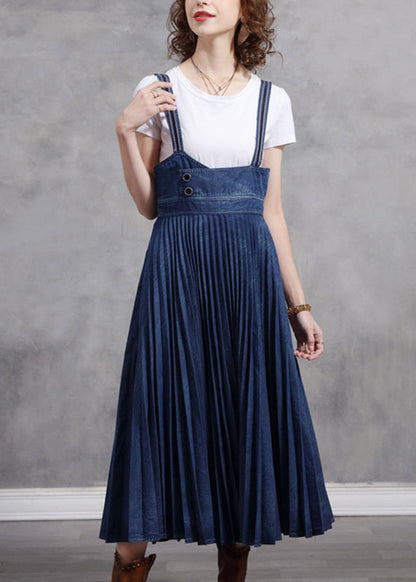 Stylish Blue Patchwork Spaghetti Strap Pleated Denim Dress Summer