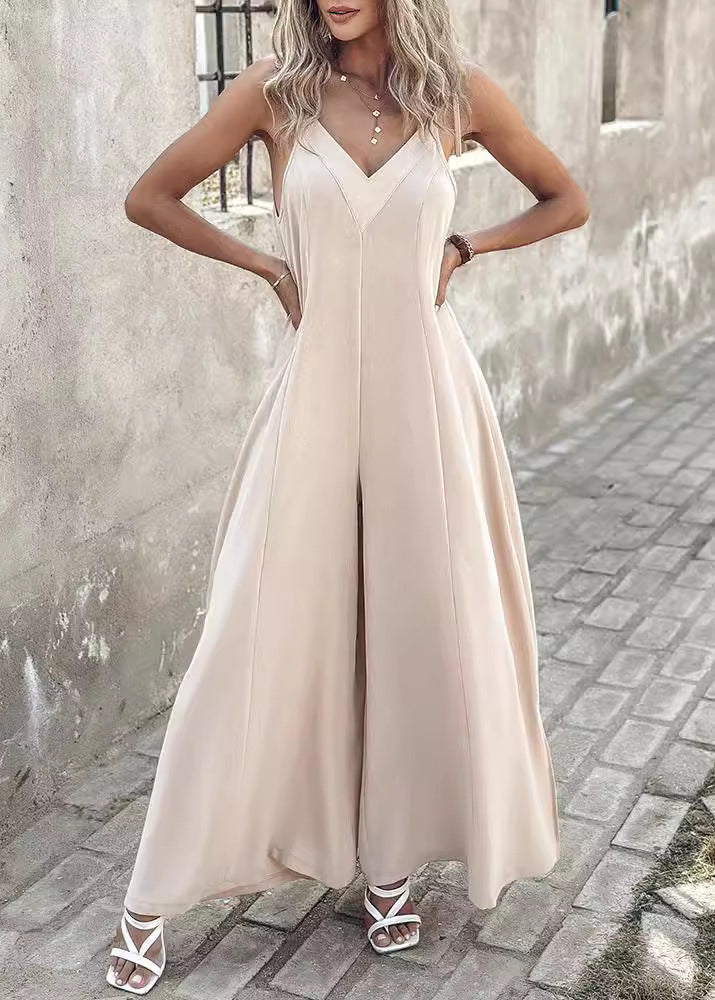 Boutique Apricot V Neck Spaghetti Strap Cotton Jumpsuits Spring