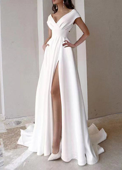 Classy White V Neck Side Open Cotton Dresses Summer