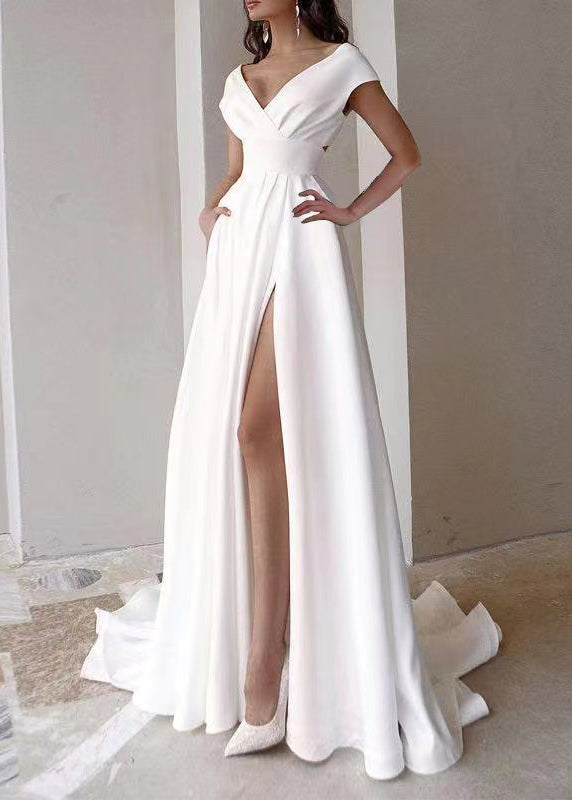 Classy White V Neck Side Open Cotton Dresses Summer