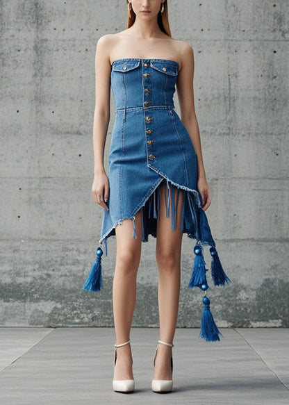 Blue Tasseled Asymmetrical Design Denim Day Strapless Dress Summer