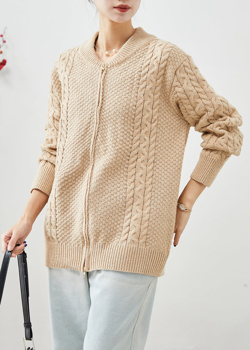 Diy Khaki Zip Up Thick Cable Knit Coats Fall