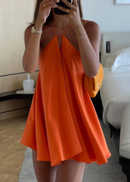 Style Orange Backless Lace Up Chiffon Mid Dresses Summer