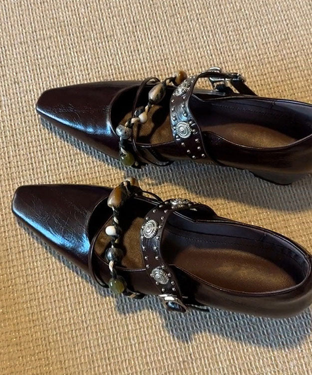Brown Faux Leather Splicing Wedge Heels Shoes