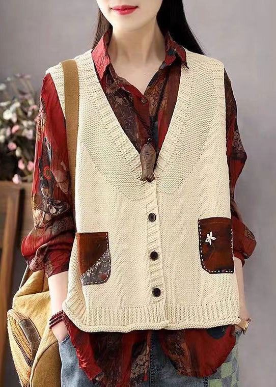 Khaki Button Pockets Patchwork Cotton Knit Waistcoat Sleeveless