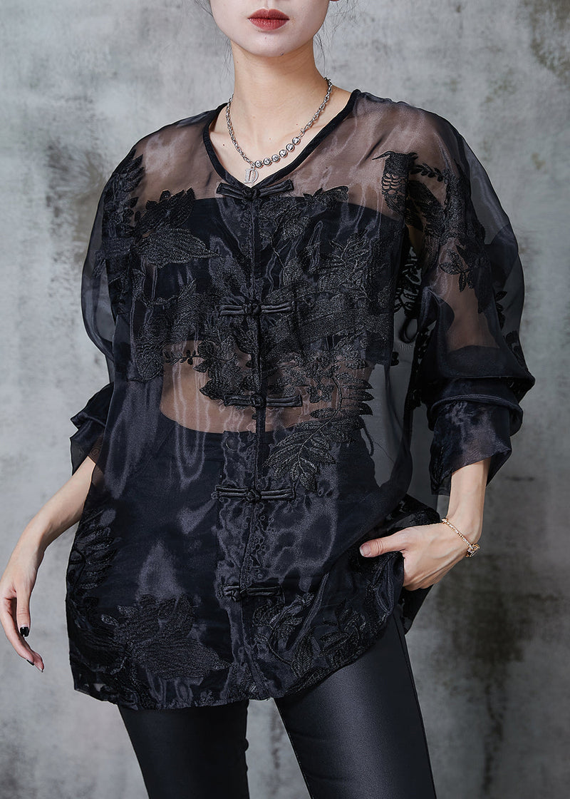 Black Embroidered Hollow Out Organza Blouses Summer
