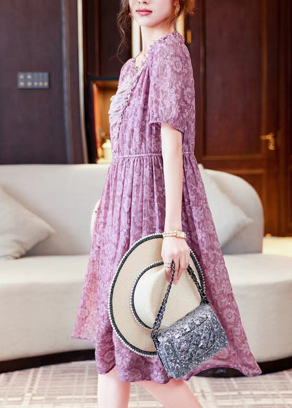 Purple Print Ruffled Patchwork Chiffon Long Dresses Summer