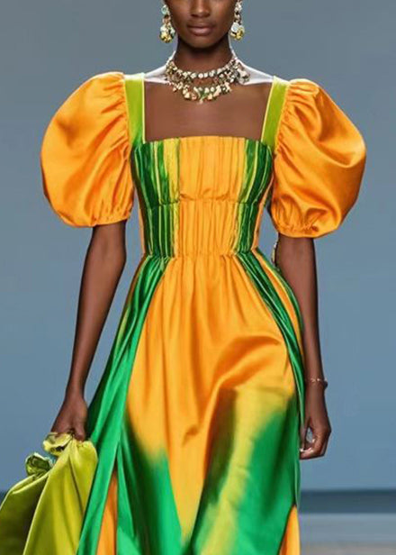 Yellow Puff Sleeve Tie Dye Silk Holiday Dress