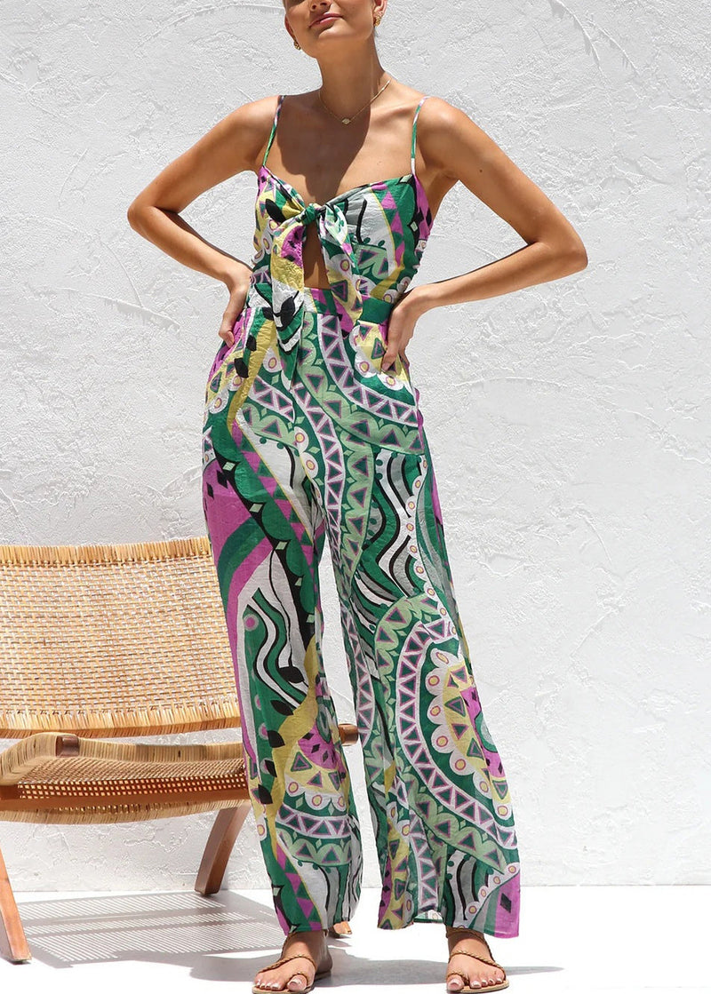 Stylish Green Print Chiffon Spaghetti Strap Jumpsuits Summer