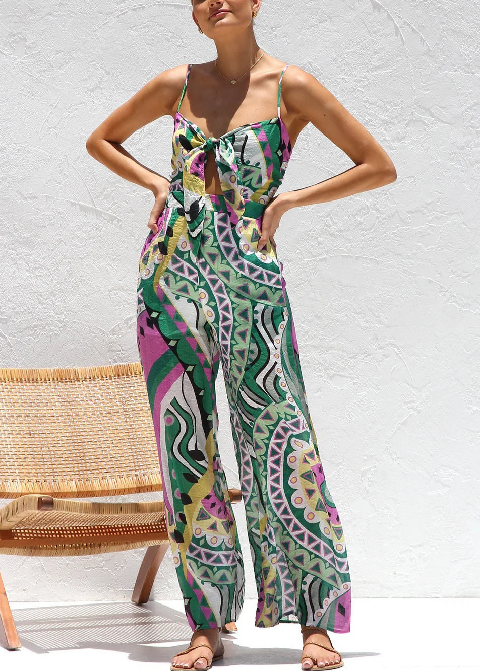 Stylish Green Print Chiffon Spaghetti Strap Jumpsuits Summer