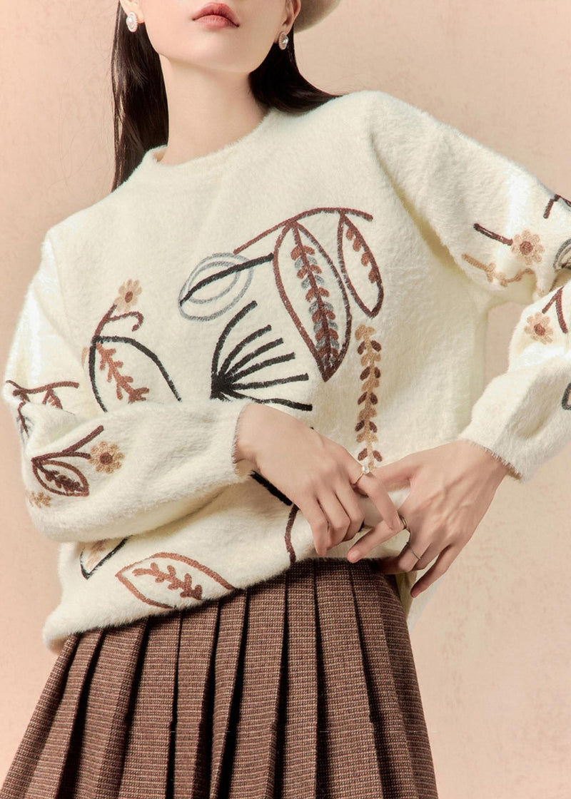 White O Neck Embroidered Cotton Knit Sweater Winter