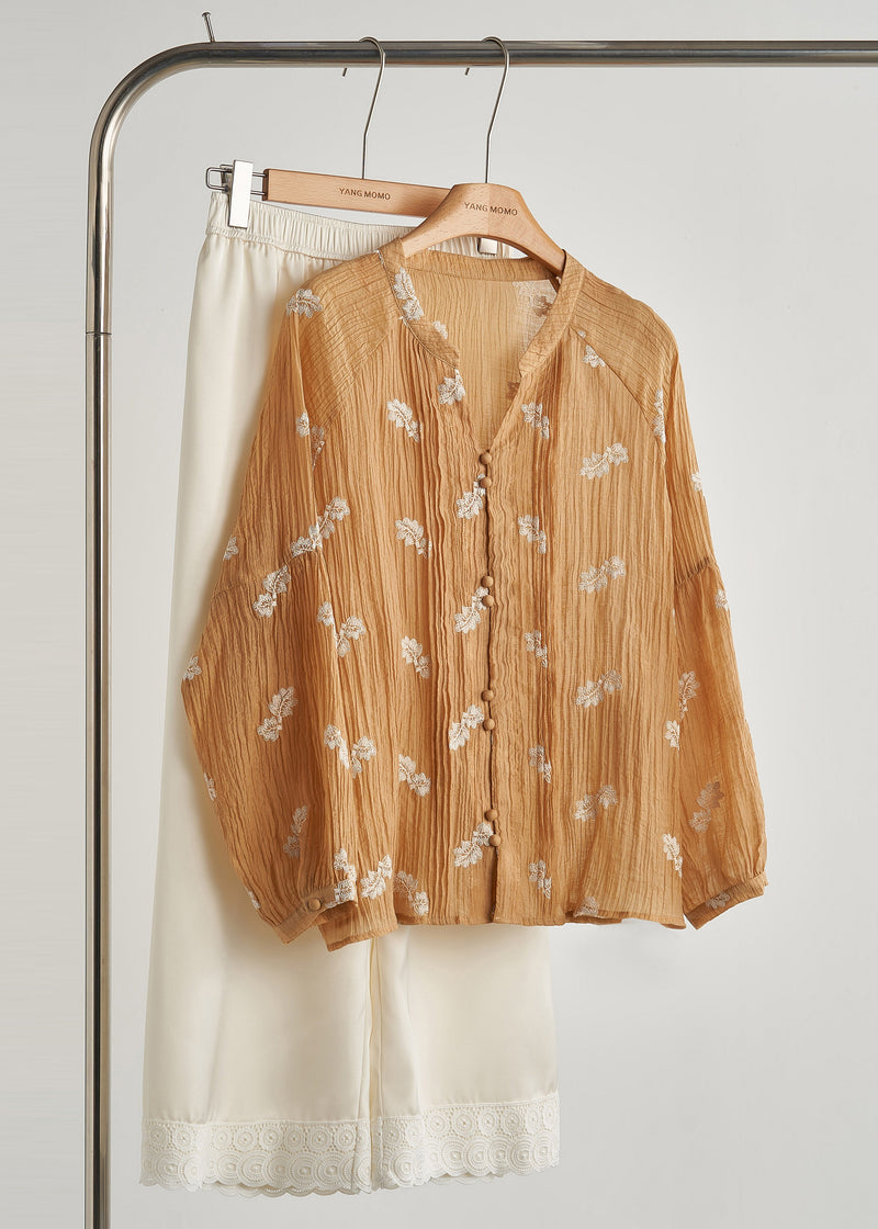 Khaki Embroidered Wrinkled Cotton Blouses Fall