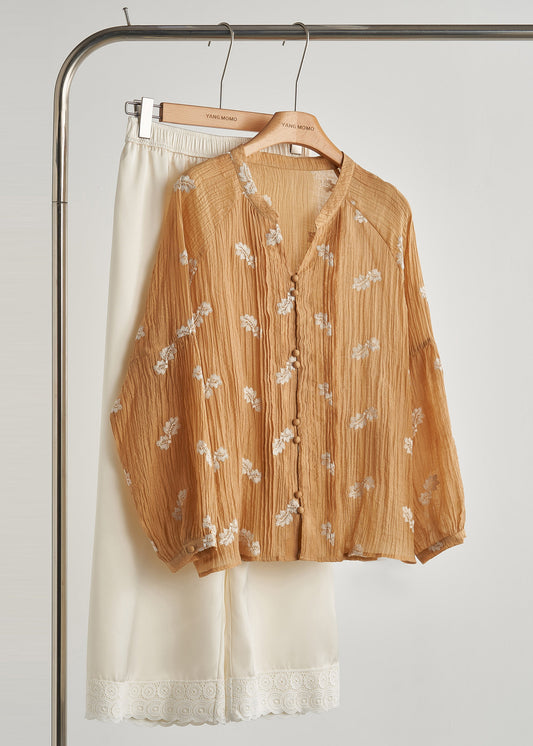 Khaki Embroidered Wrinkled Cotton Blouses Fall