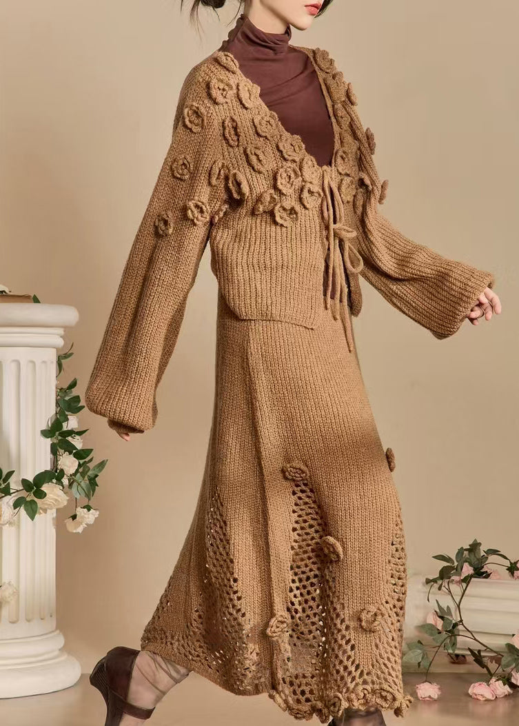 Dark Khaki Lace Up Hollow Out Knit Two Piece Set Spring