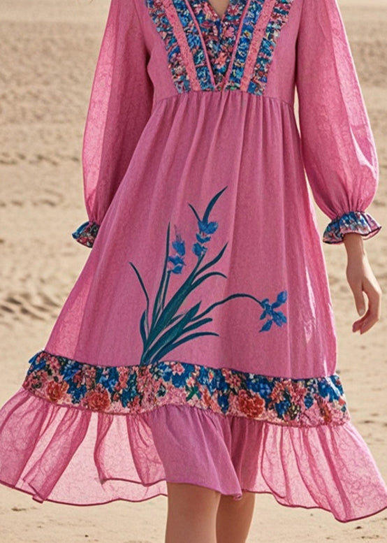 Pink Ruffled Patchwork Cotton Tea Dress Fall