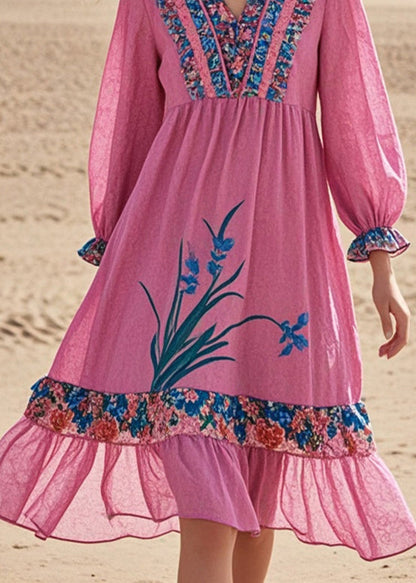 Pink Ruffled Patchwork Cotton Tea Dress Fall