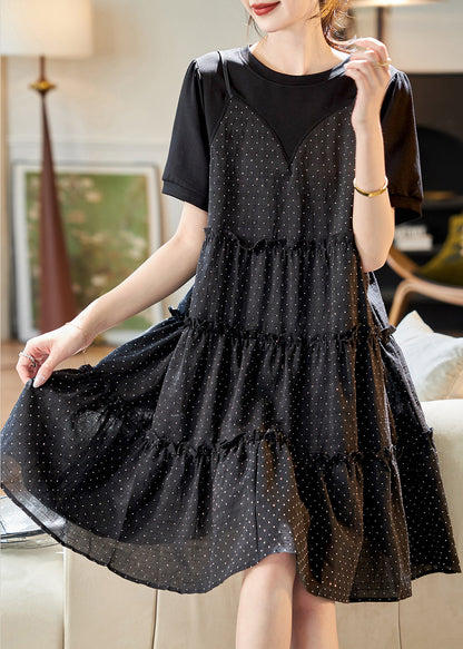 Unique Black O-neck Patchwork Dot Print Fake Two Pieces Chiffon Mid Dresses Summer