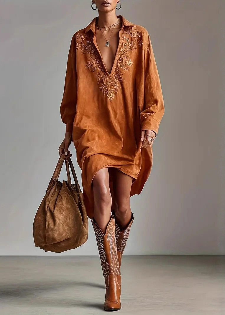 Caramel Peter Pan Collar Embroidered Faux Suede Shirts Dress Spring
