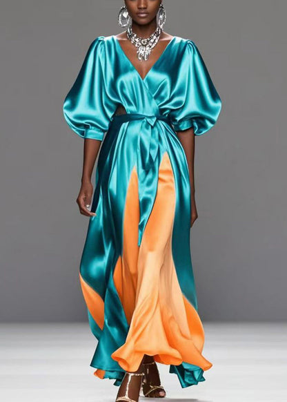 Green V Neck Patchwork Draping Silk Maxi Dress Summer