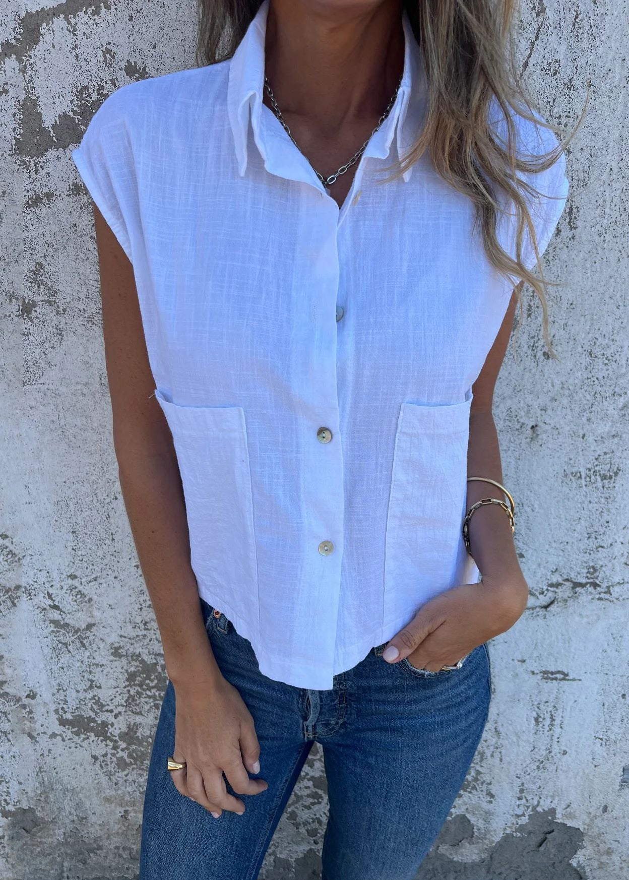Loose Apricot Peter Pan Collar Pockets Button Cotton Shirts Summer