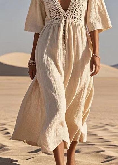 Apricot Hollow Out Cotton a Line Dress Summer