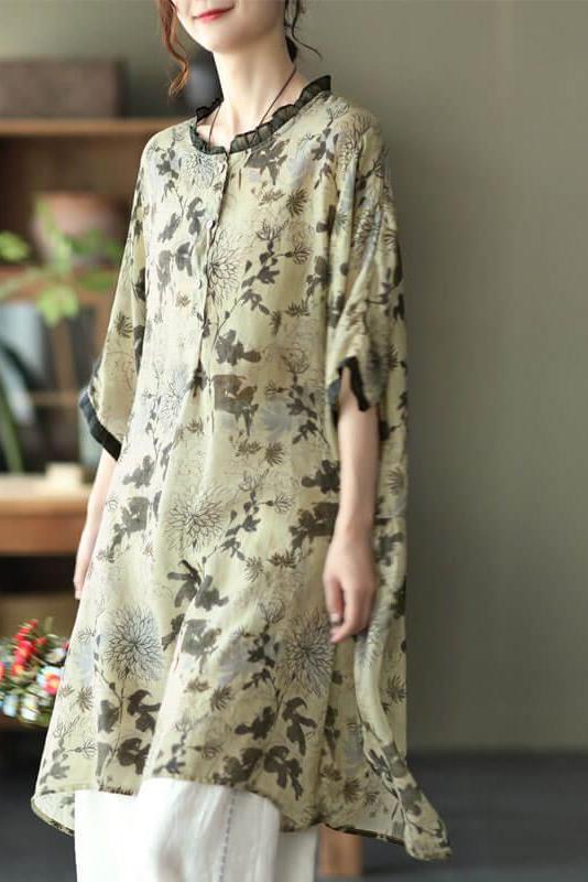 Ramie Print O-neck Loose Shirt
