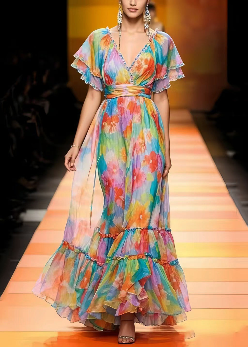 Multicolour Cinched Print Chiffon Vacation Dresses Summer