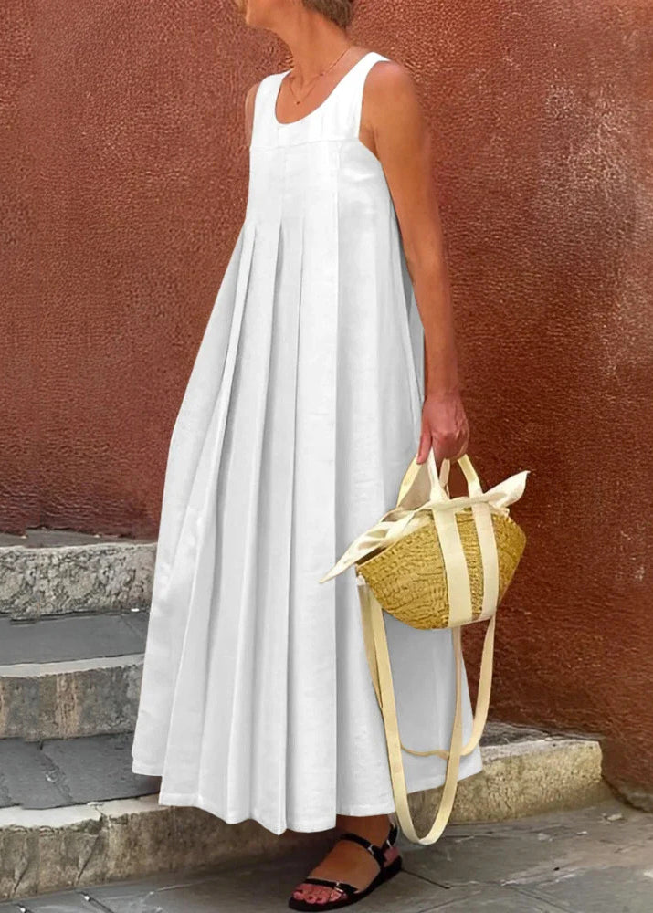 Boutique White O Neck Wrinkled Cotton Long Dresses Sleeveless