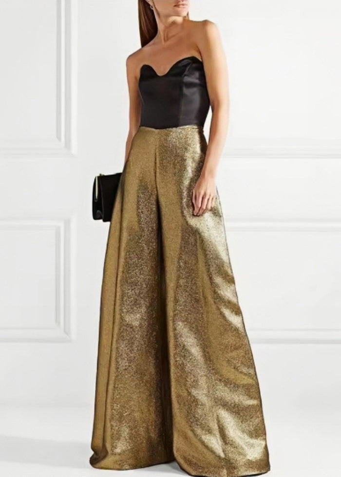 Gold Cold Shoulder Patchwork Wide Leg Jumpsuit Summer