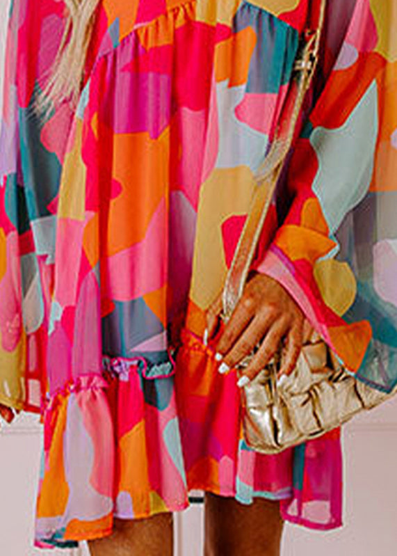 Red Print Wrinkled Chiffon Mid Dresses Fall