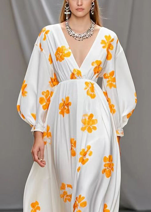 White V Neck Print Silk Vacation Dresses Fall