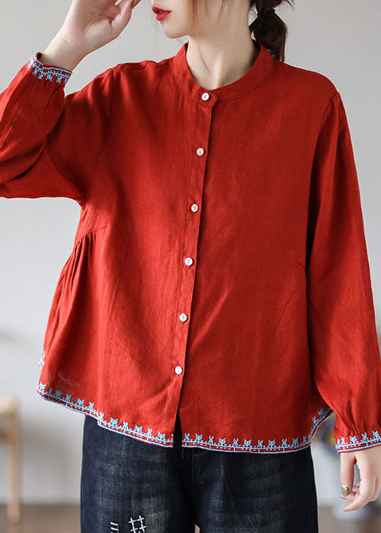 Style Red Embroidered Wrinkled Fall Top Long Sleeve