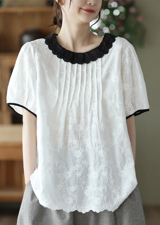 Modern White O-neck Embroidered Patchwork Wrinkled Cotton Top Short Sleeve