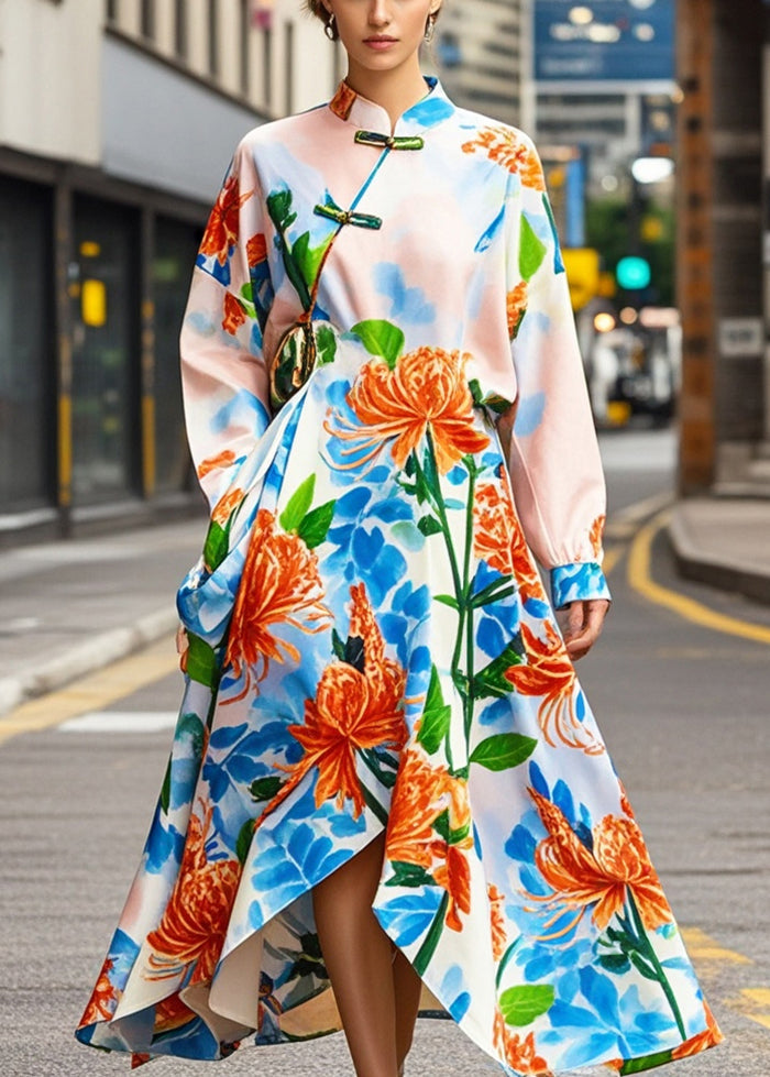 Apricot Print Asymmetrical Design Silk Oriental Dresses Fall