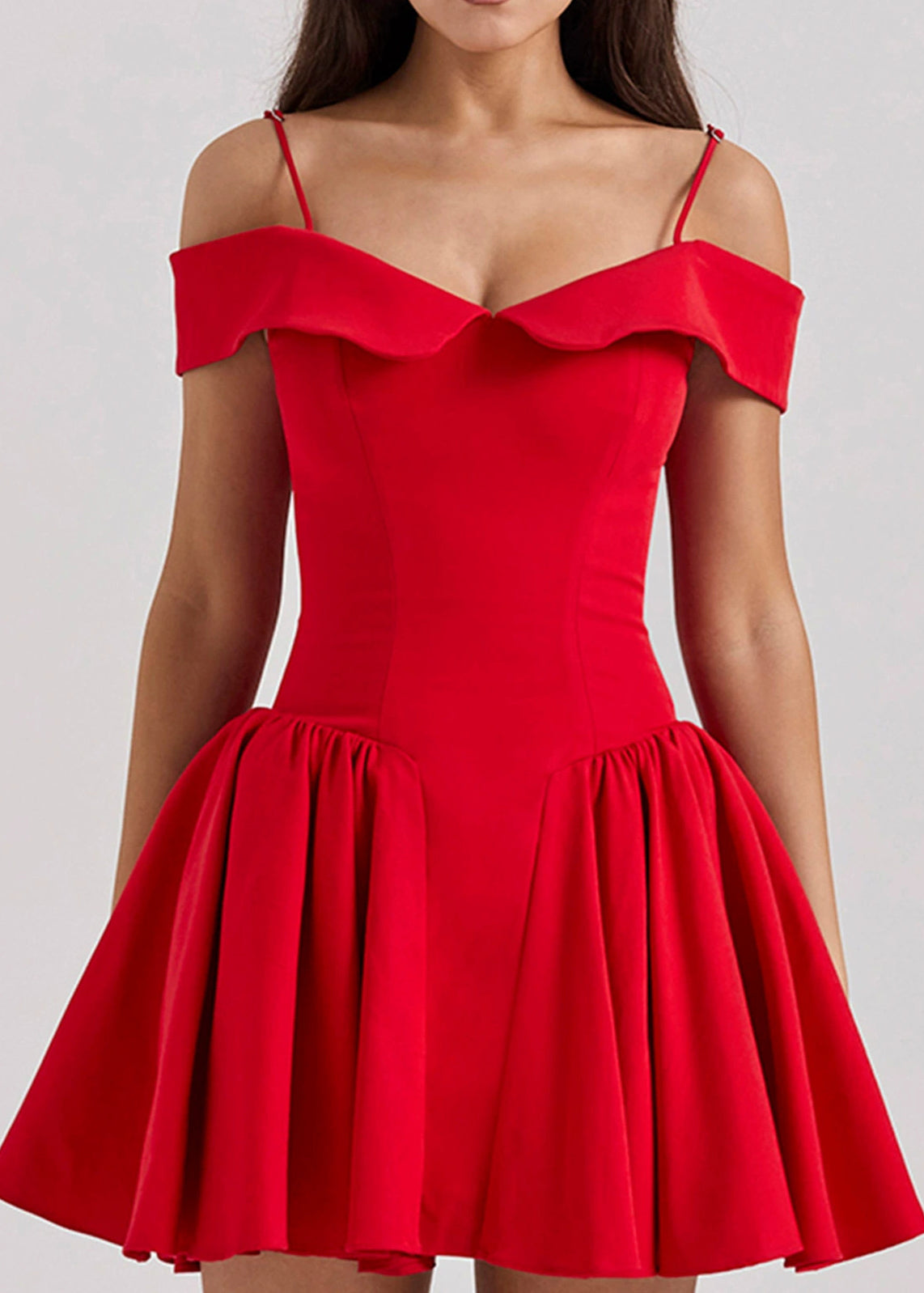 Style Red Cold Shoulder Wrinkled Cotton Mini Dress Summer