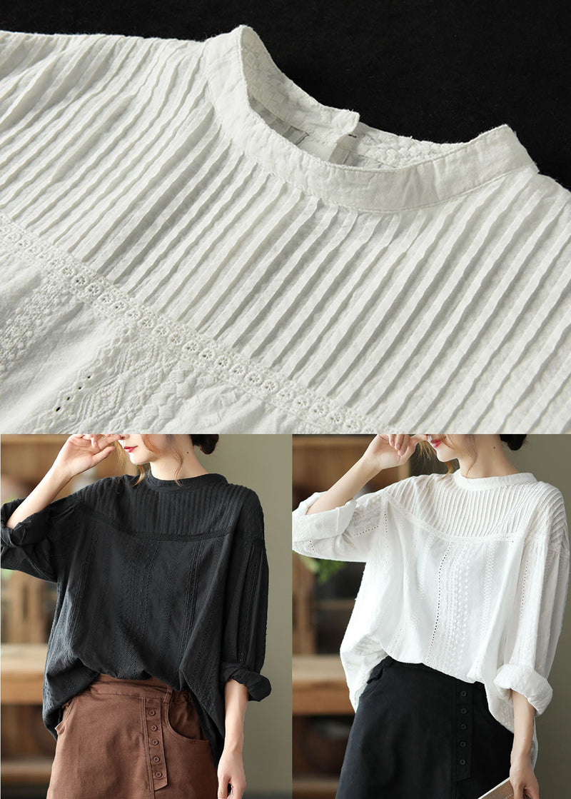 Black Hollow Out Wrinkled Cotton Shirt Top Spring