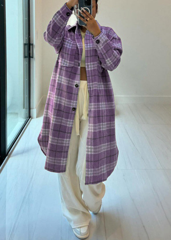 Purple Pockets Plaid Woolen Shirts Coat Fall