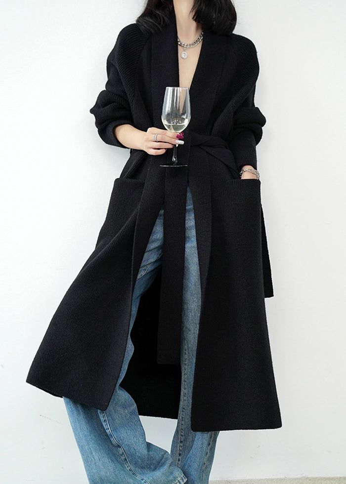 Grey Pockets Tie Waist Knit Loose Cardigans Spring