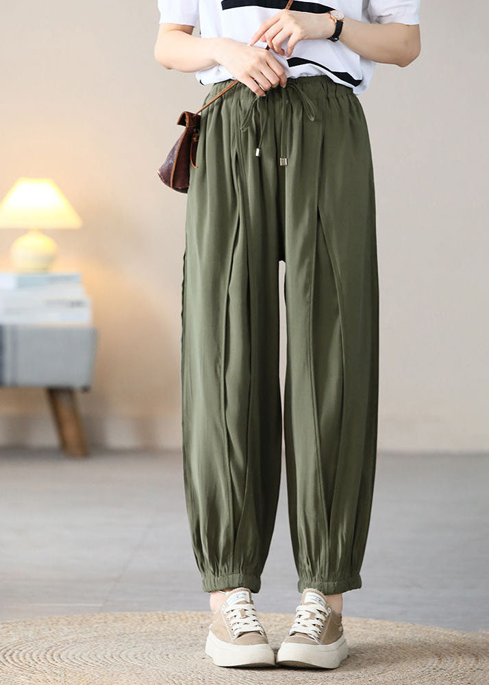 Army Green Silk Crop Pants Elastic Waist Wrinkled Fall