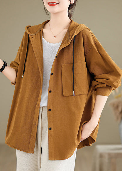 Brick Red Hooded Pockets Cotton Coat Fall