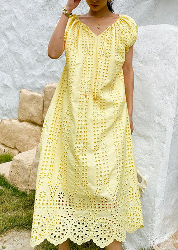 Boutique Yellow O-neck Hollow Out Knitted Cotton Long Dress Summer