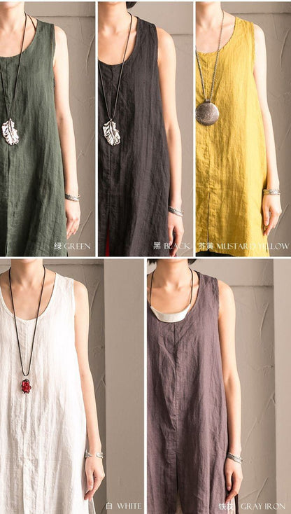 Green Cotton Linen Sleeveless Long Vest Summer for Outfits