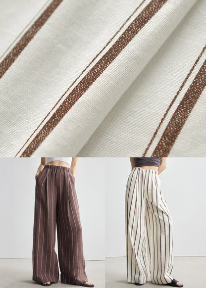 Beige Pockets Elastic Waist Linen Wide Leg Pants Striped
