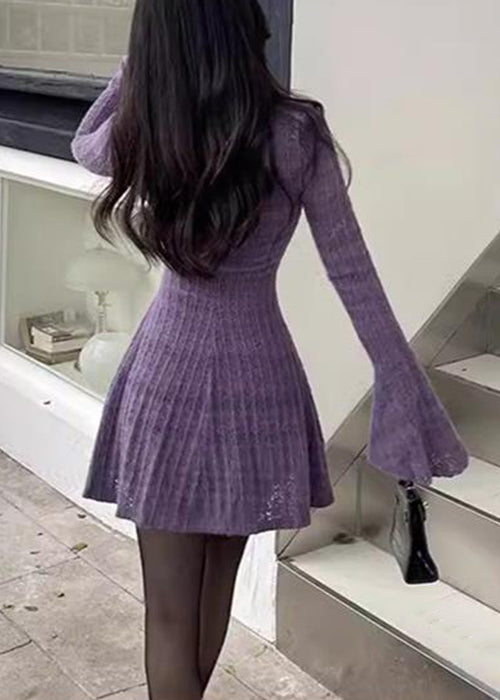 New Purple O-neck Knit Mid Dress Flare Sleeve