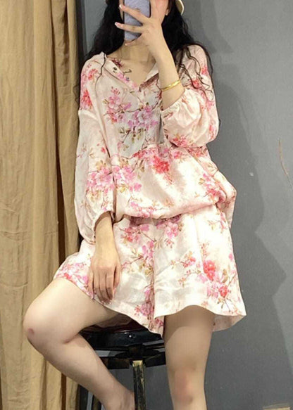 Pink Print Hooded Shirts and Shorts Two Piece Set Long Sleeve