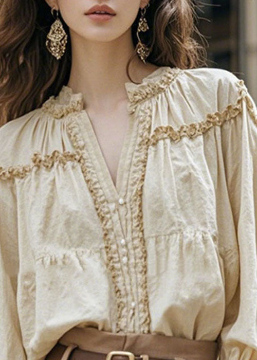Apricot V Neck Ruffled Patchwork Cotton Shirt Fall